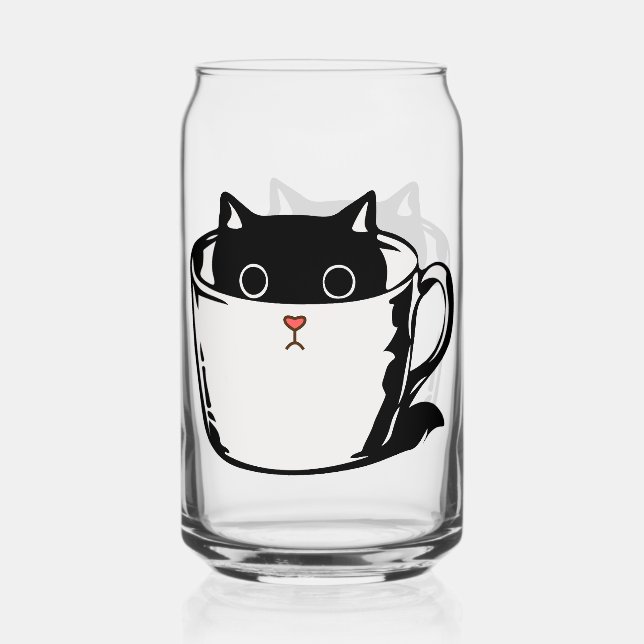 Verre Canette Chaton noir avec nez rouge caché dans une tasse (Recto)
