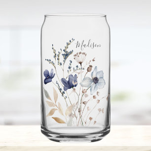 Verre Canette Chic Monogrammé Joli Floral Bleu Aquarelle