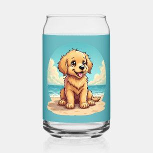 Verre Canette Chiot doré mignon sur une scène de plage ensoleill