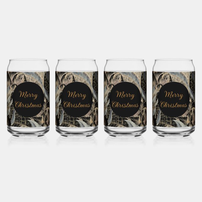 Verre Canette Christmas, Merry Christmas,Gold Blue Flowers Art  (Recto)