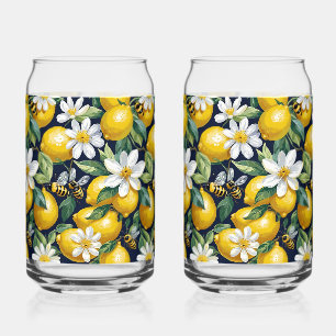 Verre Canette Citrons jaunes frais avec abeilles affairées et fl