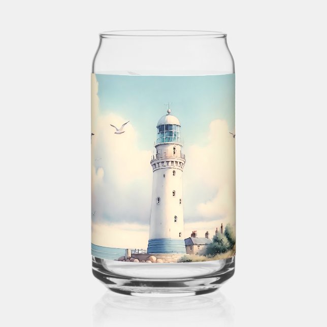 Verre Canette Coastal Lighthouse Seagulls Pastel Sky Serenity (Verso)
