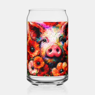 Verre Canette Cochon impressionniste dans les fleurs de coquelic