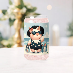 Verre Canette Cochon mignon en maillot de bain à pois à la plage