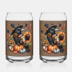 Verre Canette Corbeau fantaisiste avec citrouilles et tournesols