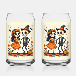 Verre Canette Couple de squelette d'Halloween mignon en orange