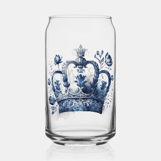 Verre Canette Couronne de style Delft bleu et blanc avec fleurs (Recto)