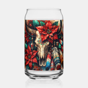 Verre Canette Crâne de taureau de Noël poinsettias plumes