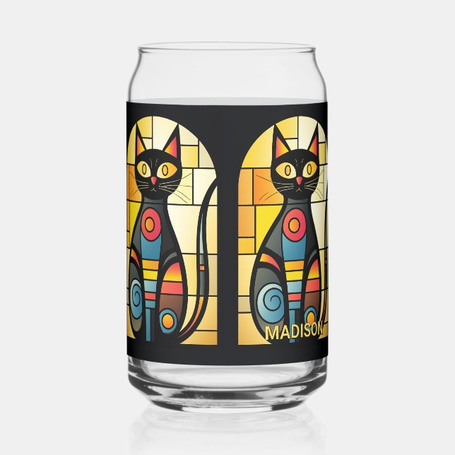 Verre Canette Custom Name Faux Stained Glass Cat (Recto)