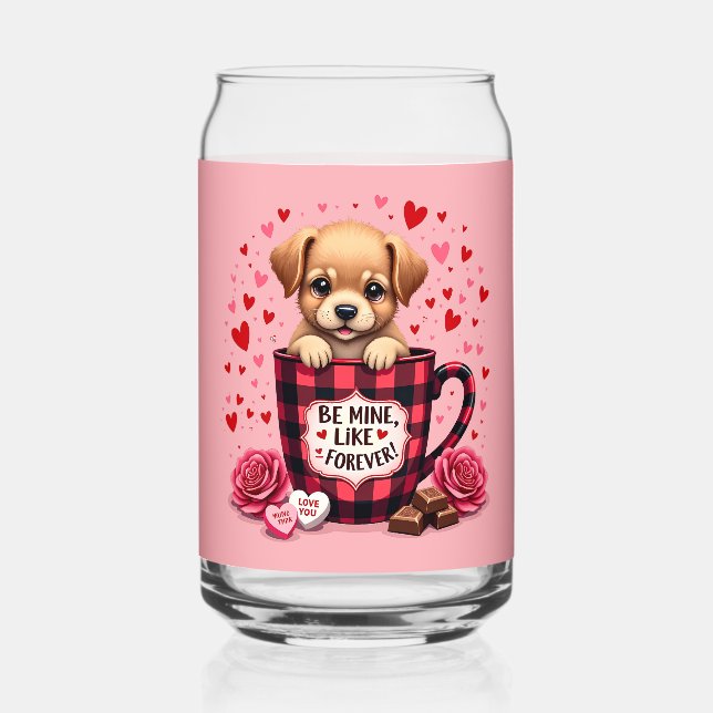 Verre Canette Cute Chiot Valentine Buffalo Plaid esthétique (Recto)