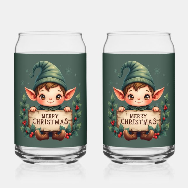 Verre Canette Cute Christmas Elf Holding Merry Sign Green (Recto)