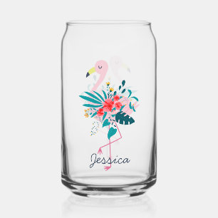 Verre Canette Cute Tropical Floral Flamant rose Personnalisé