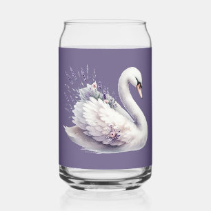 Verre Canette Cygne à l'aquarelle avec florales lavande