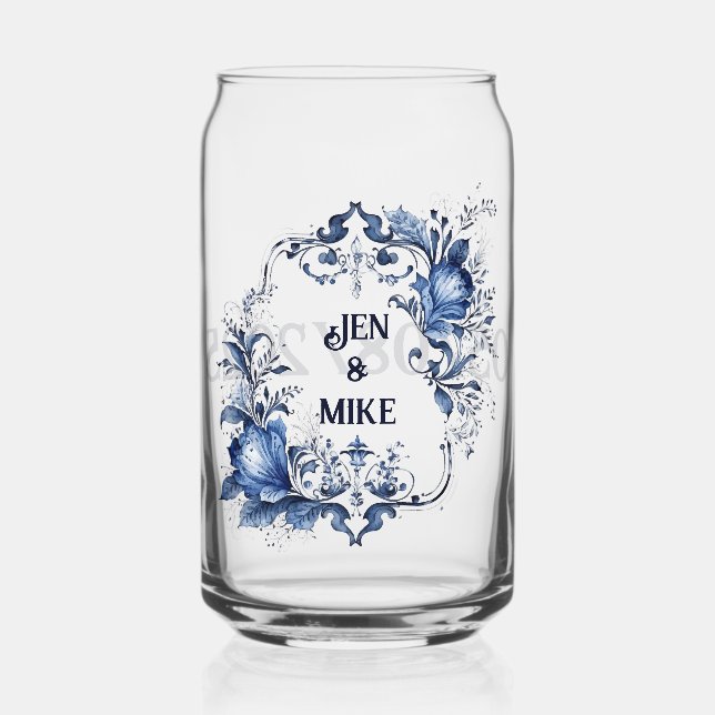 Verre Canette Décor Delft bleu et blanc avec fleurs (Recto)