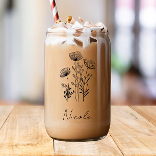 Verre Canette Dessin à main noir fleur sauvage nom personnalisé