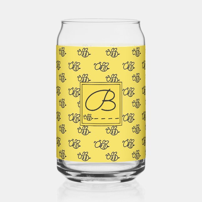 Verre Canette Doodles d'abeilles jaunes d'été Monogrammé (Recto)