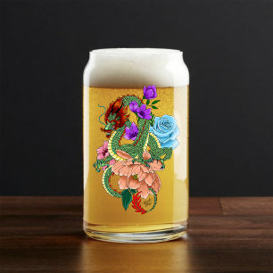 Verre Canette Dragon Chinois Vert Mystique Floral Bleu Marine