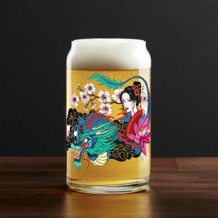 Verre Canette Dragon Geisha Asiatique Cerisiers en Fleur Bleu