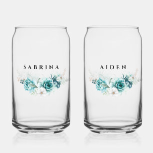 Verre Canette Dusty Emerald Green Blanc Floral Mariage