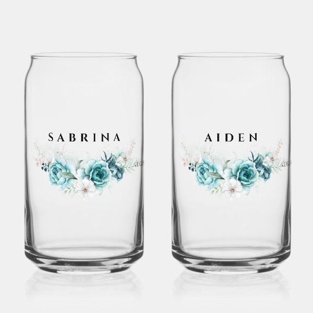 Verre Canette Dusty Emerald Green Blanc Floral Mariage (Recto)