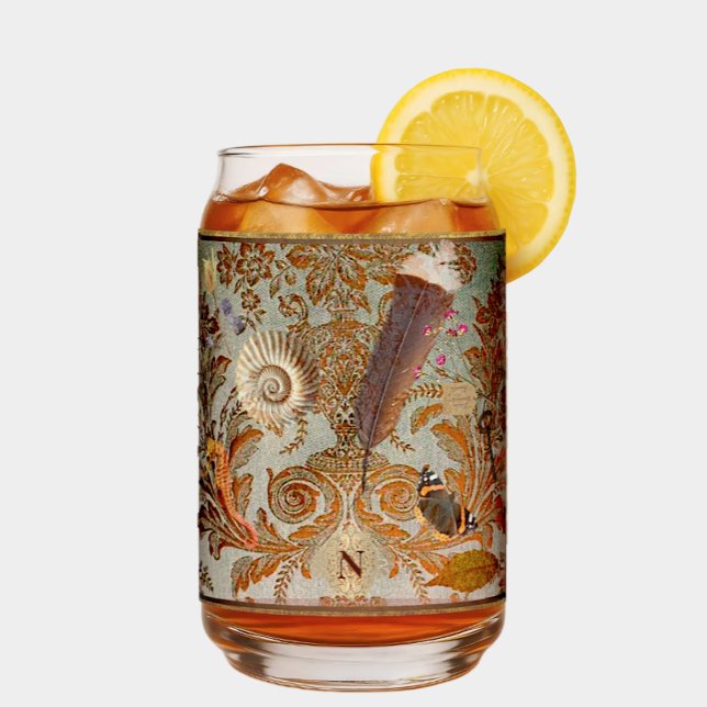 Verre Canette Edwardian Naturalist Drinkware Set (Refreshingly natural accents set against a muted, moody teal and fiery bronze /gold /copper brocade )