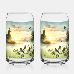 Verre Canette Église au lever du soleil avec des oiseaux dans un