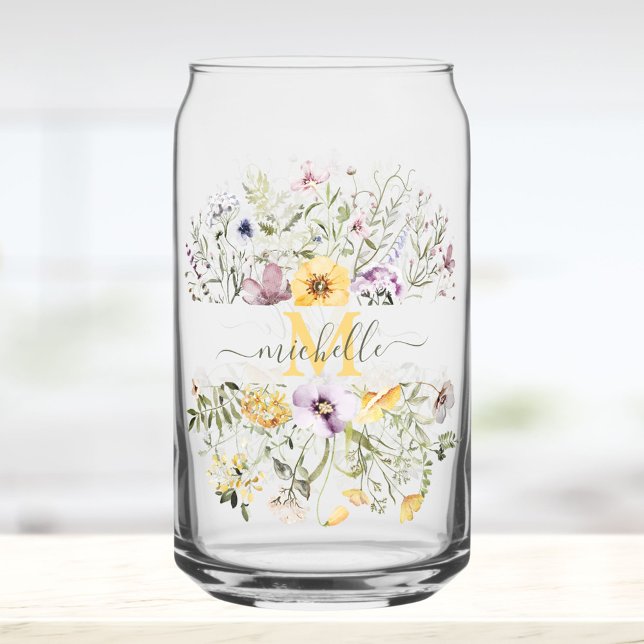 Verre Canette Elegant Monogram Colorful Wildflower Garden Floral (In situ)