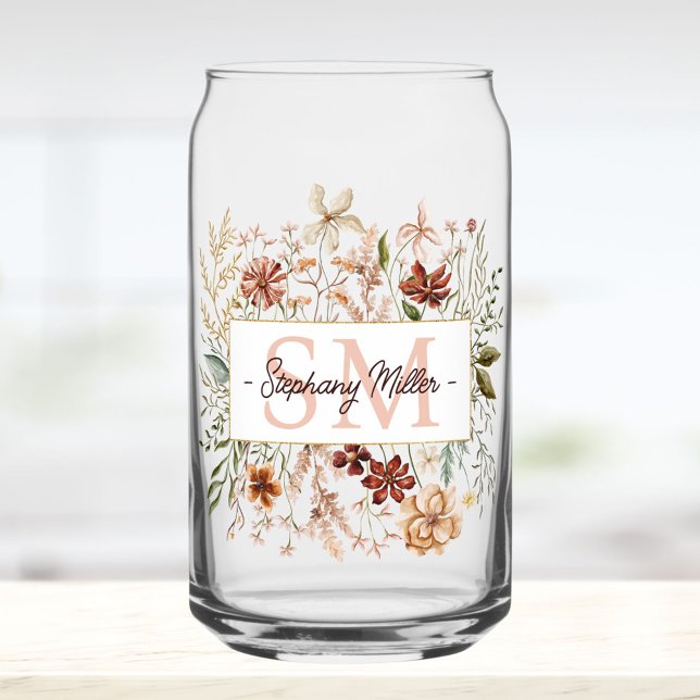 Verre Canette Elegant Monogram Watercolor Fall Wildflower Floral (In situ)