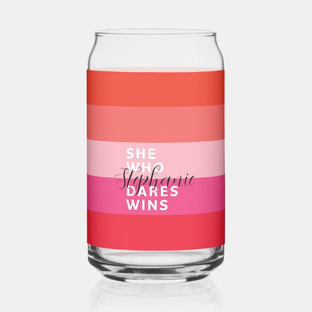 Verre Canette Elle Qui Ose Gagner Motivationnel Pink Stripes (Recto)