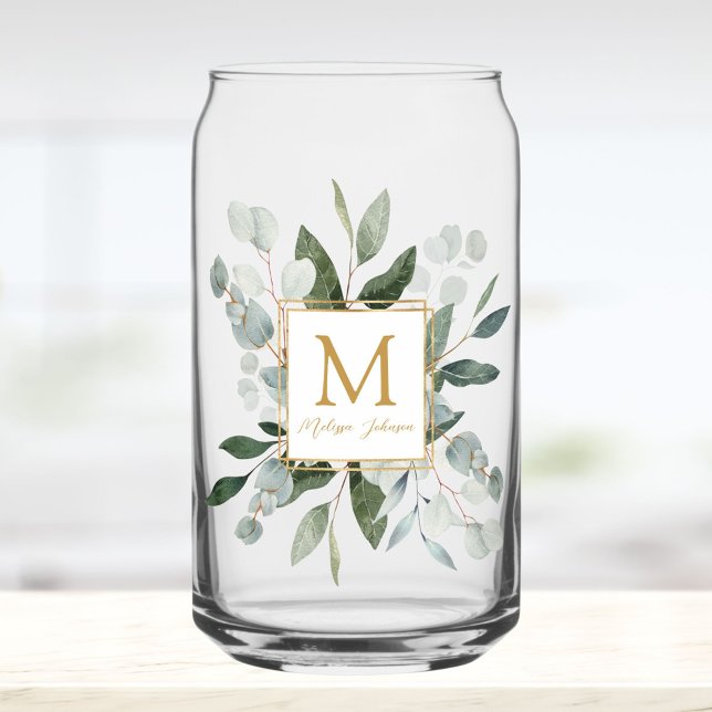 Verre Canette Feuilles tropicales vertes aquarelle Monogramme (In situ)