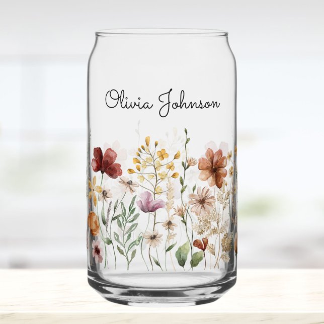 Verre Canette Fleur de Monogramme Aquarelle Jolies Fleurs  (In situ)