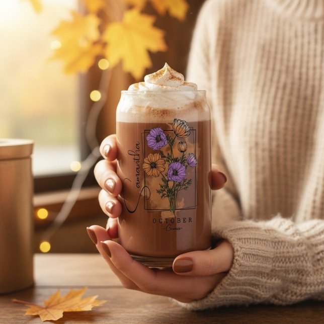 Verre Canette Fleur de naissance personnalisée d'octobre avec no (Personalized October Birth Flower With Name Can Glass)