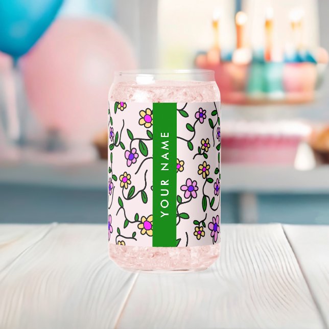 Verre Canette Fleurs Colorées, Fond Rose, Vert (Insitu (Baby Shower))