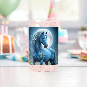 Verre Canette Fleurs de lune de cheval magique de fantaisie bleu
