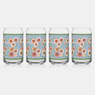 Verre Canette Fleurs de marguerites bleues et roses Art botaniqu