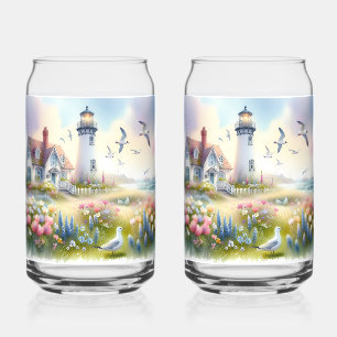 Verre Canette Fleurs de printemps près d'un cottage côtier et d'