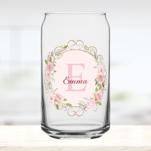 Verre Canette Fleurs de rose rose blush aquarelle monogramme flo