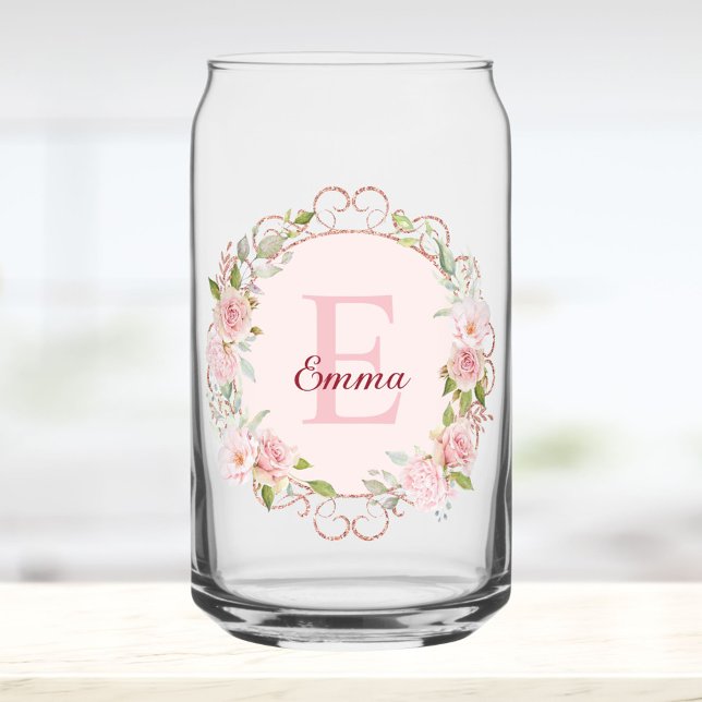 Verre Canette Fleurs de rose rose blush aquarelle monogramme flo (In situ)