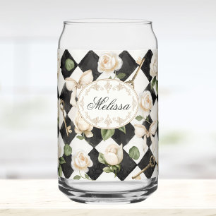 Verre Canette Fleurs de rose vintage en diamant noir et blanc Mo