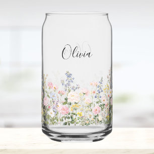 Verre Canette Fleurs Florales Rose Bleu Aquarelle Monogramme