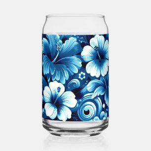 Verre Canette Fleurs hawaïennes tropicales Hibiscus Motif bleu