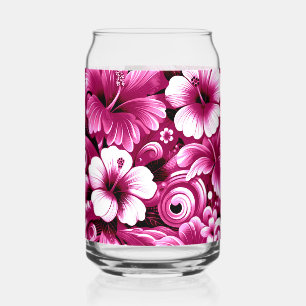 Verre Canette Fleurs hawaïennes tropicales Hibiscus rose blanc