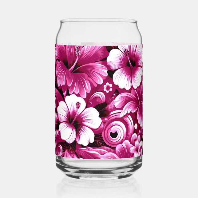 Verre Canette Fleurs hawaïennes tropicales Hibiscus rose blanc (Recto)