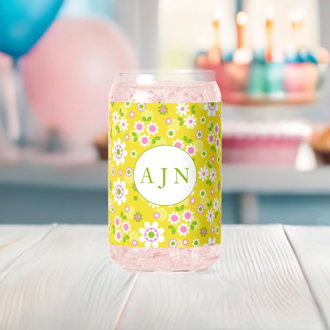 Verre Canette Fleurs rétro mod jaune et blanc monogramme  (Insitu (Baby Shower))