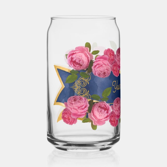 Verre Canette fleurs roses dans une bannière bleue modifiable  (Recto)