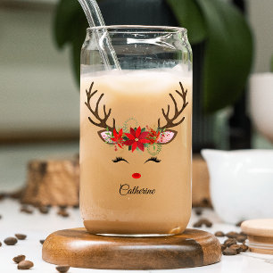 Verre Canette Floral Christmas Reindeer Nom personnalisé