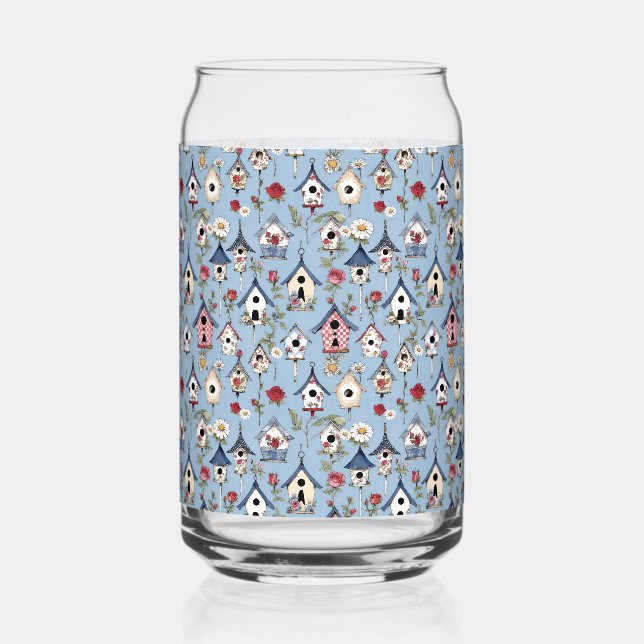 Verre Canette Floral Patchwork Birdhouses & Sky Blue Background (Recto)