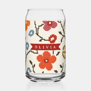 Verre Canette Folk scandinave bohème vintage floral personnalisé