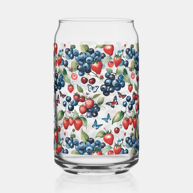 Verre Canette Fraises aux bleuets et papillons (Recto)