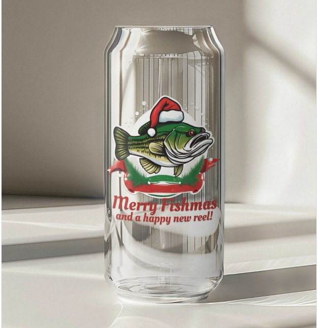 Verre Canette Funky Joyeux Noël Pêche Père Noël Poisson (Merry Fishmas! A fun Christmas themed fishing stocking stuffer or fill it fishing lures!)